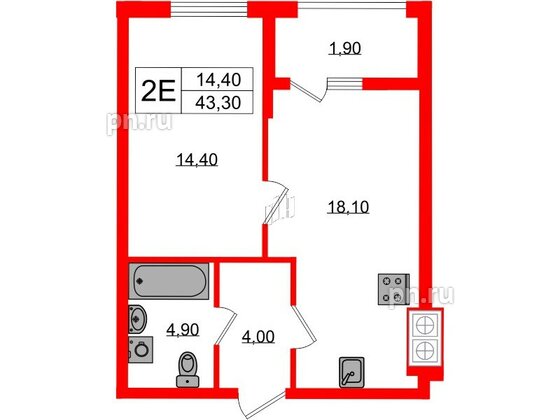 Квартира в ЖК «Дом на Красной», 1 комнатная, 43.3 м², 1 этаж