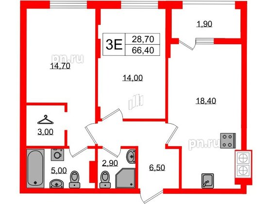 Квартира в ЖК «Дом на Красной», 2 комнатная, 66.4 м², 2 этаж