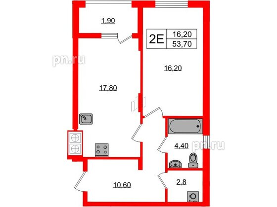 Квартира в ЖК «Дом на Красной», 1 комнатная, 53.7 м², 1 этаж