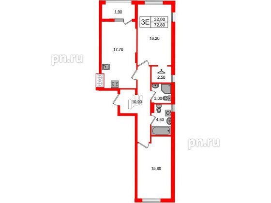 Квартира в ЖК «Дом на Красной», 2 комнатная, 72.8 м², 3 этаж