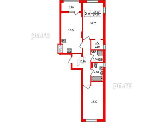 Квартира в ЖК «Дом на Красной», 2 комнатная, 72.8 м², 6 этаж