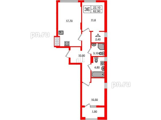 Квартира в ЖК «Дом на Красной», 2 комнатная, 62.9 м², 8 этаж