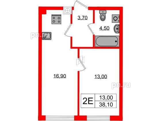 Квартира в ЖК «Дом на Красной», 1 комнатная, 38.1 м², 2 этаж