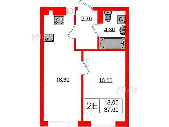 Квартира в ЖК «Дом на Красной», 1 комнатная, 37.6 м², 4 этаж