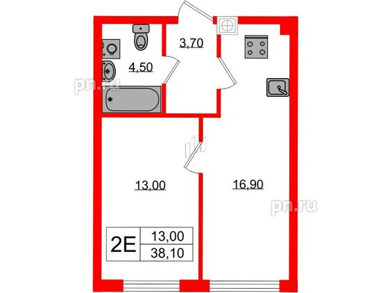 Квартира в ЖК «Дом на Красной», 1 комнатная, 38.1 м², 2 этаж