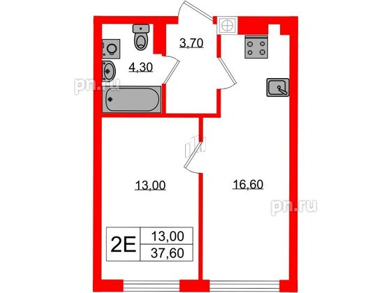 Квартира в ЖК «Дом на Красной», 1 комнатная, 37.6 м², 3 этаж