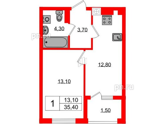 Квартира в ЖК «Дом на Красной», 1 комнатная, 35.4 м², 2 этаж