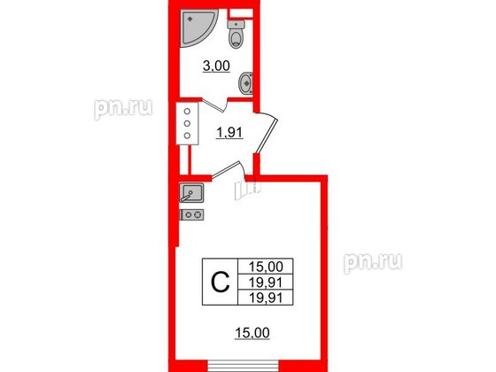 Квартира в ЖК «Ручьи–2», студия, 19.91 м², 6 этаж