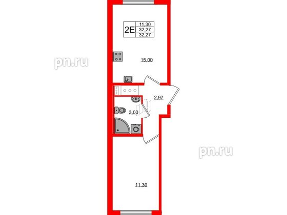 Квартира в ЖК «Ручьи–2», 1 комнатная, 32.27 м², 12 этаж