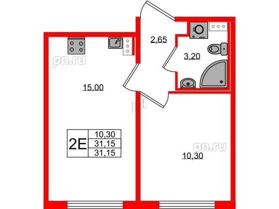 Квартира в ЖК «Ручьи–2», 1 комнатная, 31.15 м², 12 этаж