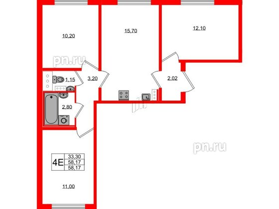 Квартира в ЖК «Ручьи–2», 3 комнатная, 58.17 м², 12 этаж