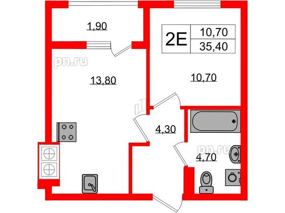 Квартира в ЖК «Дом на Красной», 1 комнатная, 35.4 м², 8 этаж