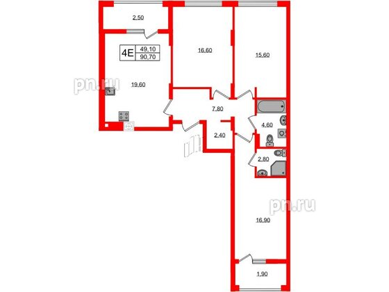 Квартира в ЖК «Дом на Красной», 3 комнатная, 90.7 м², 3 этаж