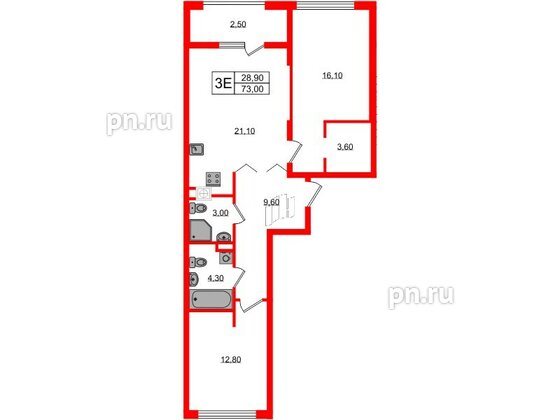 Квартира в ЖК «Дом на Красной», 2 комнатная, 73 м², 2 этаж