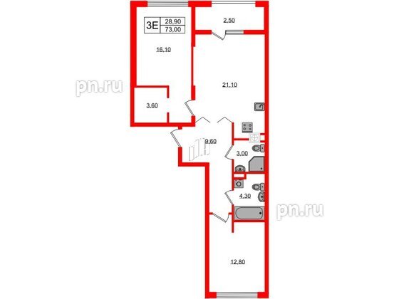 Квартира в ЖК «Дом на Красной», 2 комнатная, 73 м², 2 этаж