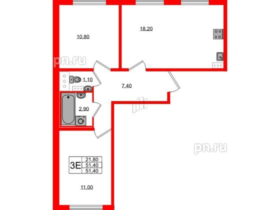 Квартира в ЖК «Ручьи–2», 2 комнатная, 51.4 м², 16 этаж