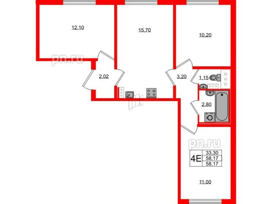 Квартира в ЖК «Ручьи–2», 3 комнатная, 58.17 м², 11 этаж