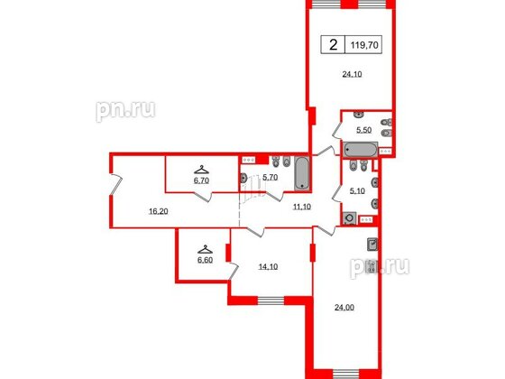 Квартира в ЖК Манхэттен, 2 комнатная, 119.7 м², 4 этаж