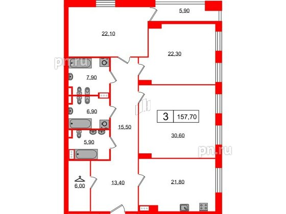 Квартира в ЖК Манхэттен, 3 комнатная, 157.7 м², 4 этаж