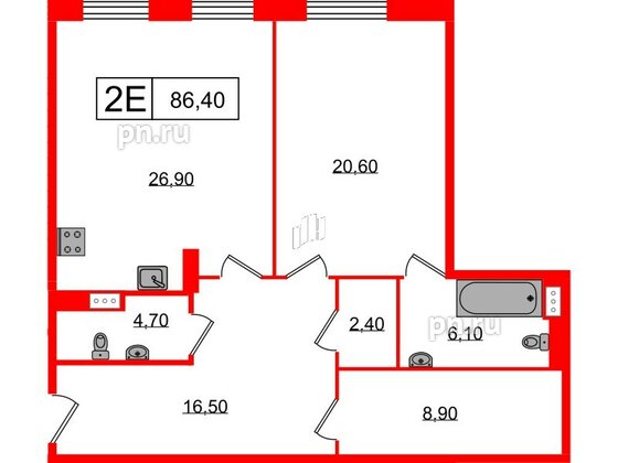 Квартира в ЖК Манхэттен, 1 комнатная, 86.35 м², 2 этаж