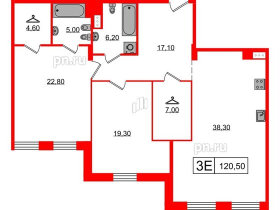 Квартира в ЖК Манхэттен, 2 комнатная, 120.5 м², 3 этаж