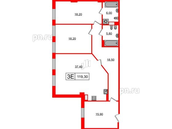 Квартира в ЖК Манхэттен, 2 комнатная, 119.24 м², 3 этаж