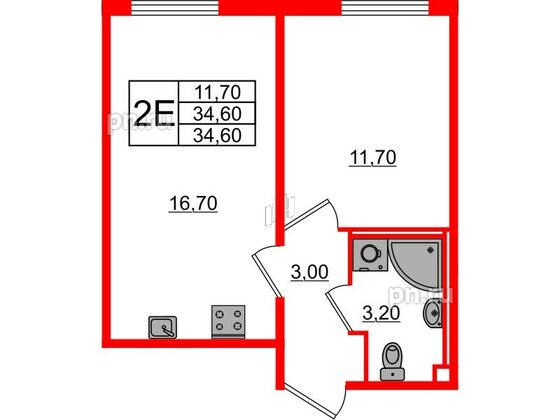 Квартира в ЖК Октябрьская Набережная ЖК, 1 комнатная, 34.6 м², 6 этаж