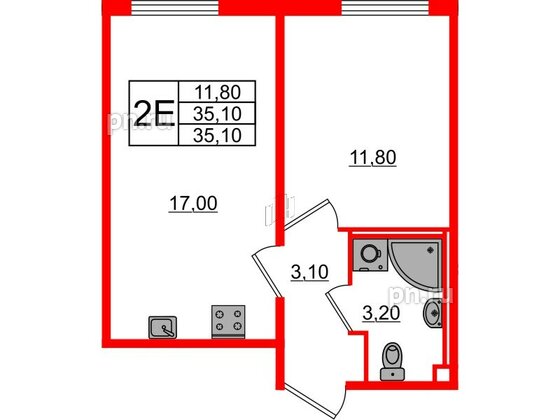 Квартира в ЖК Октябрьская Набережная ЖК, 1 комнатная, 35.1 м², 10 этаж