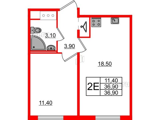 Квартира в ЖК Октябрьская Набережная ЖК, 1 комнатная, 36.9 м², 10 этаж