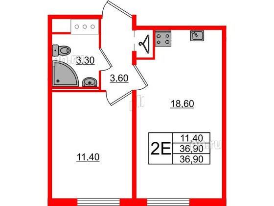 Квартира в ЖК Октябрьская Набережная ЖК, 1 комнатная, 36.9 м², 10 этаж