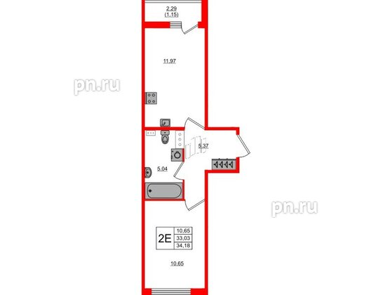 Квартира в ЖК Лампо, 1 комнатная, 33.4 м², 3 этаж