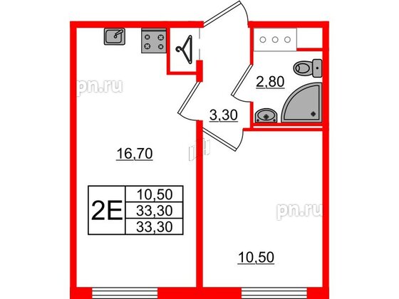 Квартира в ЖК Октябрьская Набережная ЖК, 1 комнатная, 33.3 м², 25 этаж