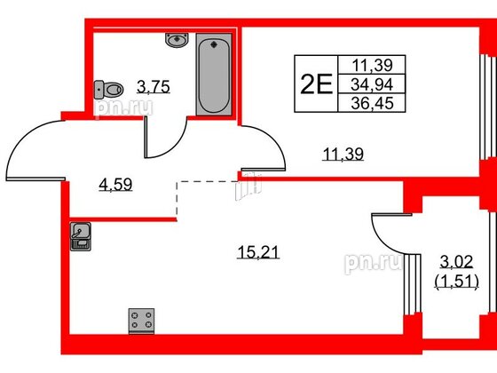 Квартира в ЖК «Парголово», 1 комнатная, 36.45 м², 1 этаж