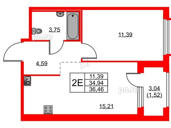 Квартира в ЖК GloraX Парголово, 1 комнатная, 36.46 м², 2 этаж