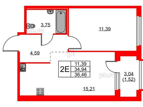 Квартира в ЖК GloraX Парголово, 1 комнатная, 36.46 м², 3 этаж