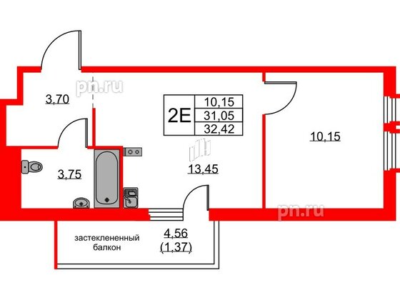 Квартира в ЖК GloraX Парголово, 1 комнатная, 32.42 м², 2 этаж