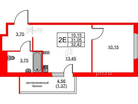 Квартира в ЖК GloraX Парголово, 1 комнатная, 32.42 м², 3 этаж