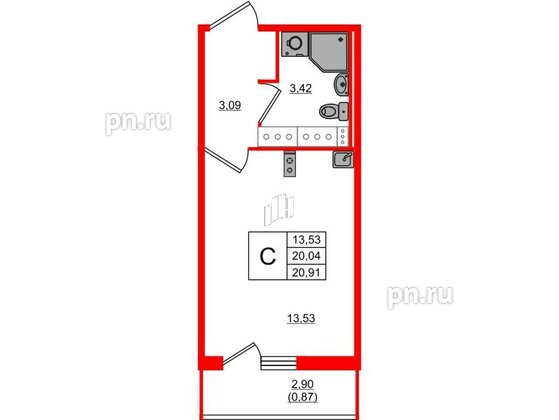 Квартира в ЖК Лампо, студия, 20 м², 12 этаж