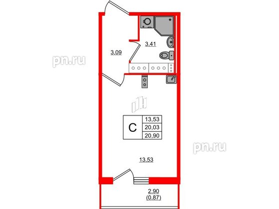 Квартира в ЖК Лампо, студия, 20 м², 13 этаж