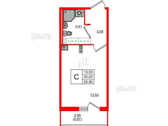 Квартира в ЖК Лампо, студия, 20 м², 13 этаж