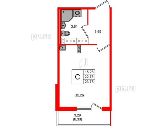 Квартира в ЖК Лампо, студия, 22.8 м², 12 этаж