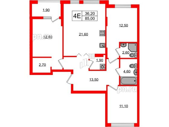 Квартира в ЖК «Дом на Красной», 3 комнатная, 85 м², 2 этаж