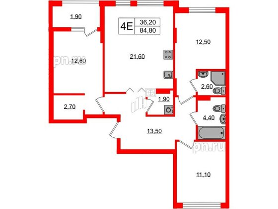 Квартира в ЖК «Дом на Красной», 3 комнатная, 84.8 м², 6 этаж