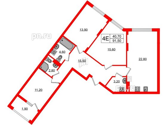 Квартира в ЖК «Дом на Красной», 3 комнатная, 91.5 м², 2 этаж