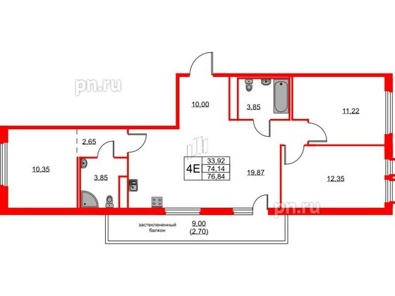 Квартира в ЖК GloraX Парголово, 3 комнатная, 76.84 м², 2 этаж