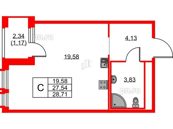 Квартира в ЖК GloraX Парголово, студия, 28.71 м², 2 этаж