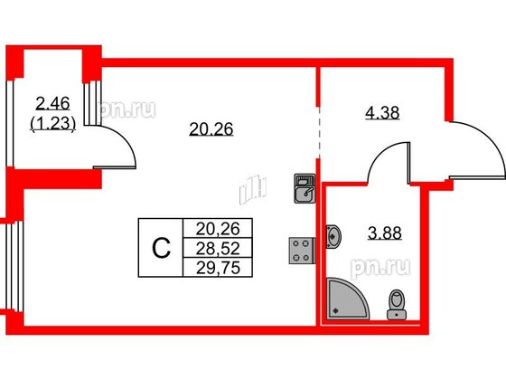 Квартира в ЖК GloraX Парголово, студия, 29.75 м², 2 этаж