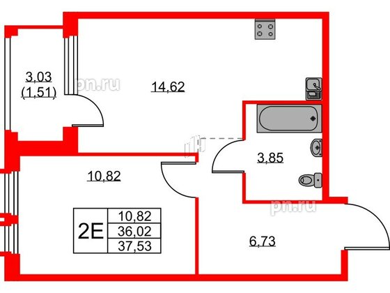 Квартира в ЖК GloraX Парголово, 1 комнатная, 37.53 м², 6 этаж