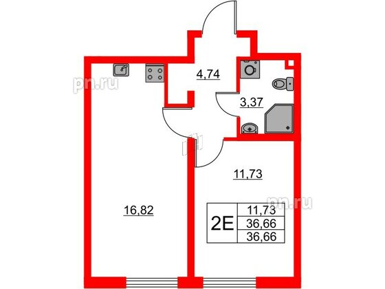 Квартира в ЖК 'Морская миля', 1 комнатная, 36.66 м², 14 этаж