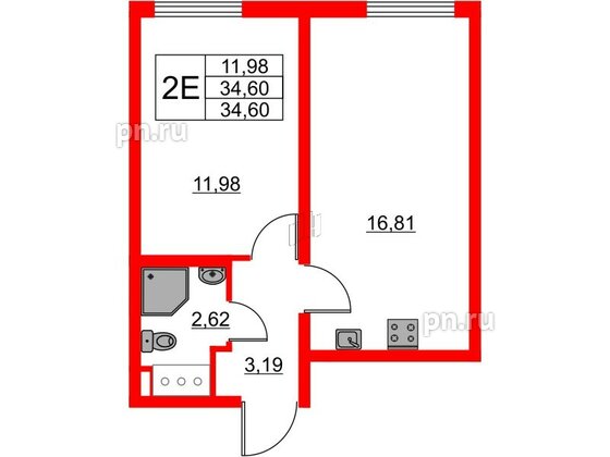 Квартира в ЖК 'Морская миля', 1 комнатная, 34.6 м², 7 этаж